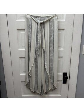 Japa Beachwear Wide Leg Pants Women’s L Ivory Gray Stripe Tie Waist